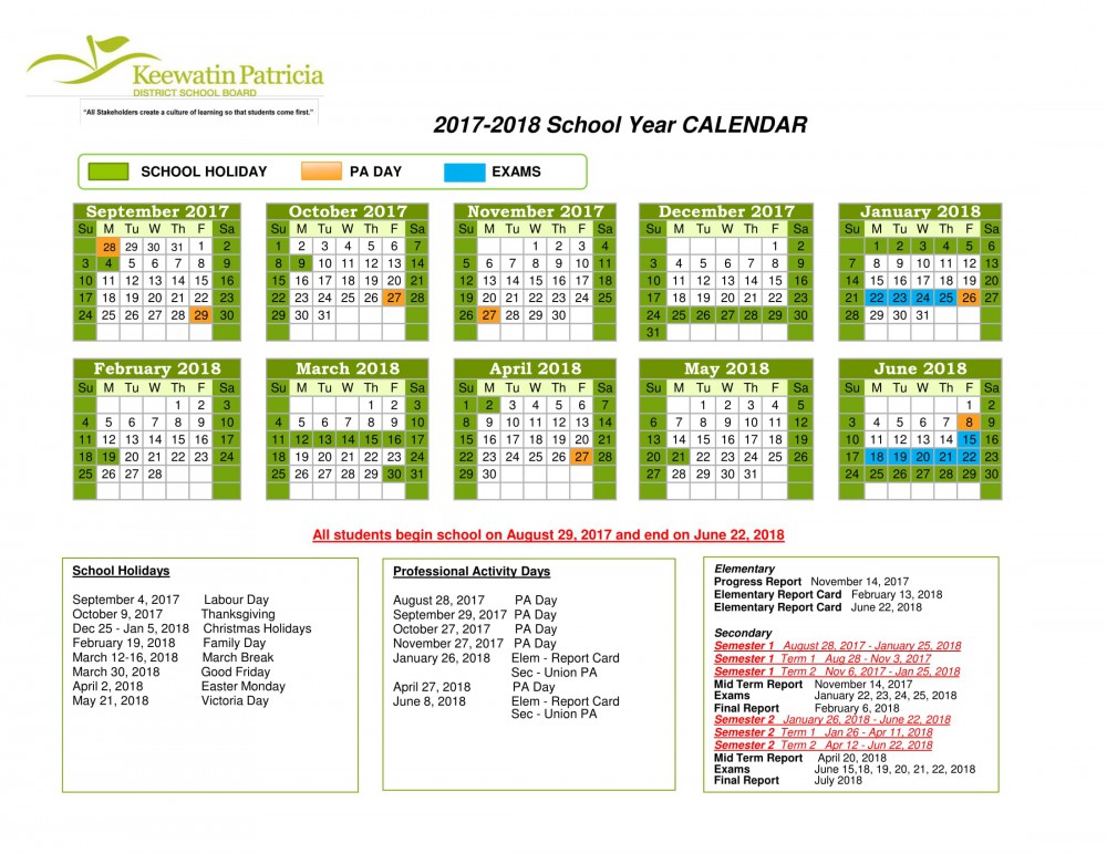 2017 and 2018 KPDSB School Year Calendar